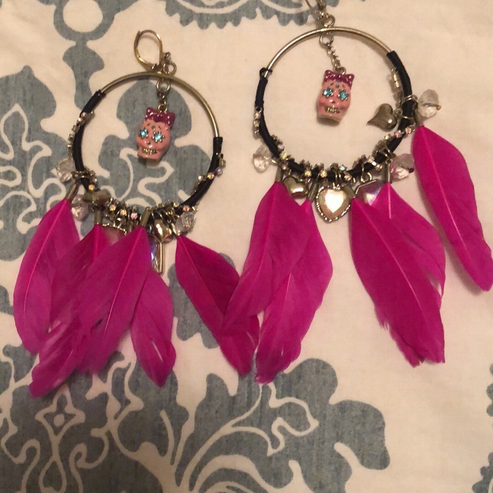 Betsey Johnson Pink Skull Feather Earrings